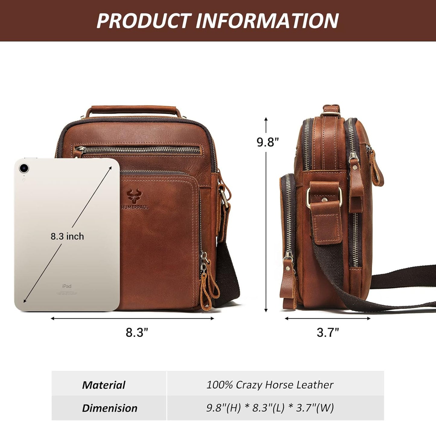 Crossbody Bag Shoulder Bag for Men, Genuine Leather Man Bag Vintage Messenger Bag for Travel Work
