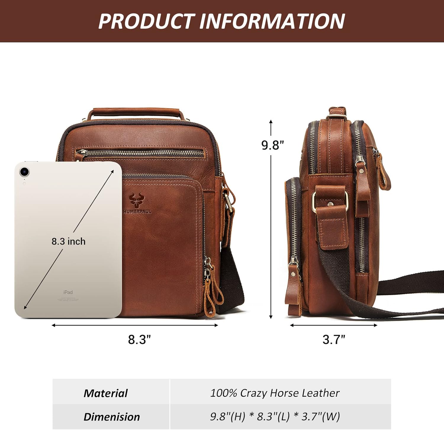 Crossbody Bag Shoulder Bag for Men, Genuine Leather Man Bag Vintage Messenger Bag for Travel Work