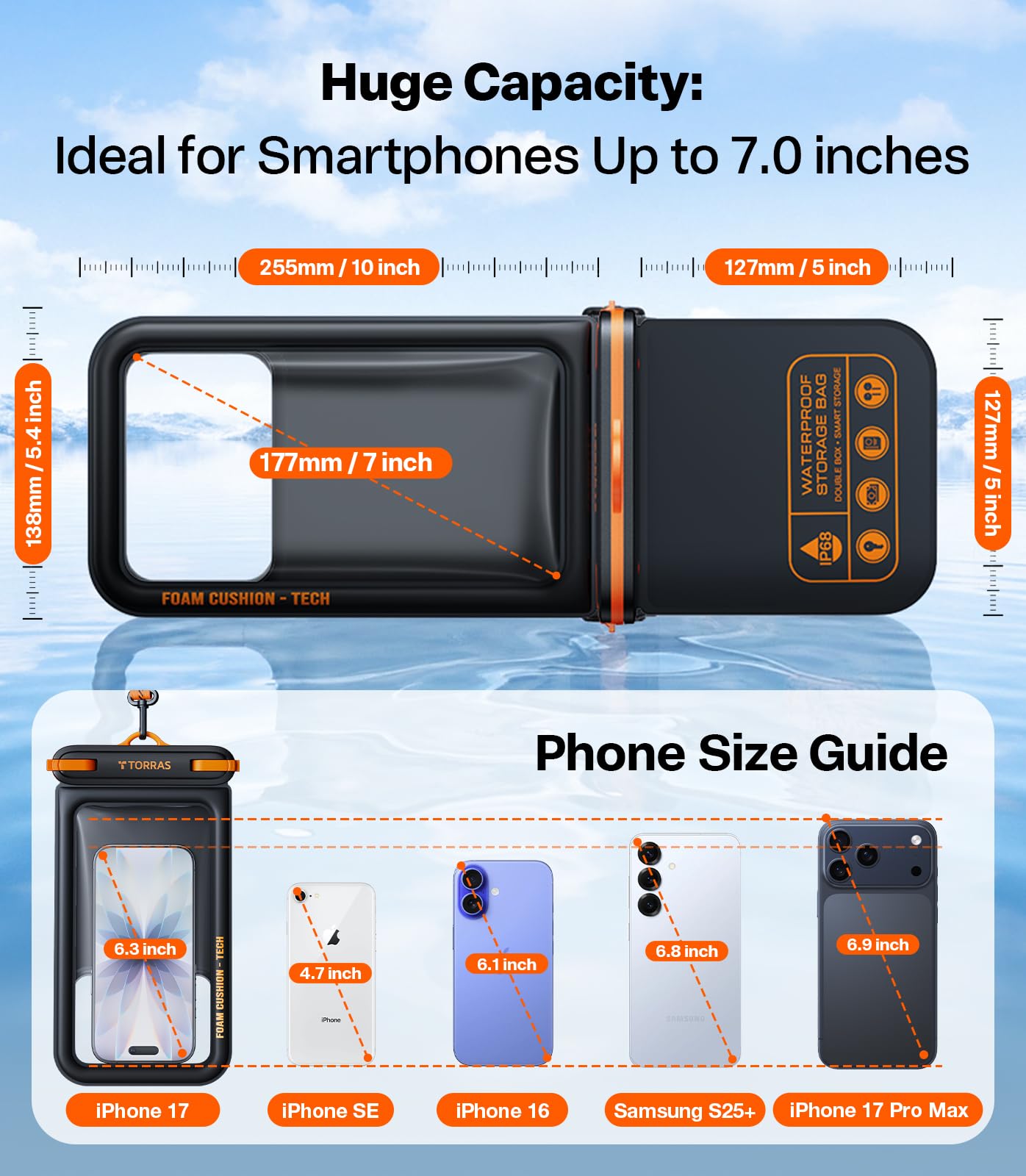 TORRAS IP68 Waterproof Phone Pouch Floating with Double Space 7.0", Black