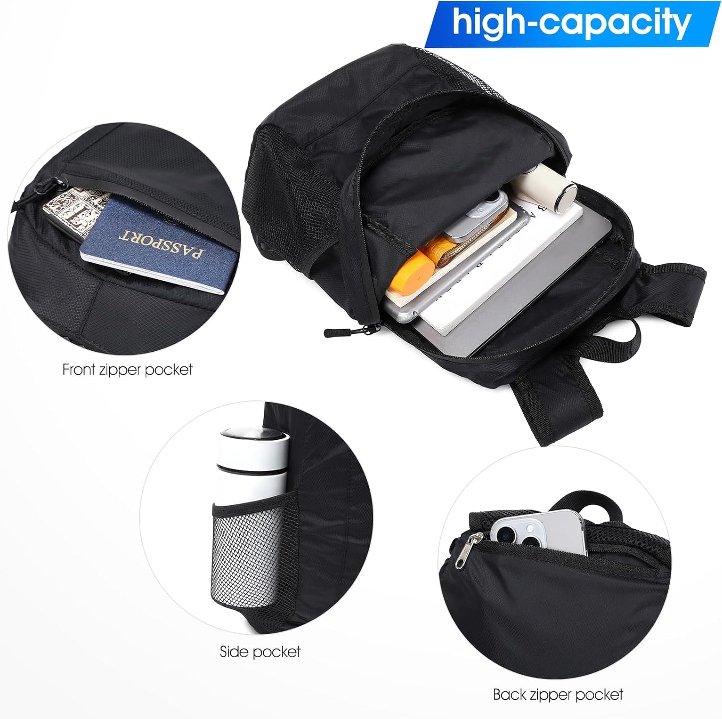 Lightweight Hiking Backpack Small,Waterproof Hiking Daypack,Foldable Backpack for Travel,Ultralight Daypack(Nylon, Black)