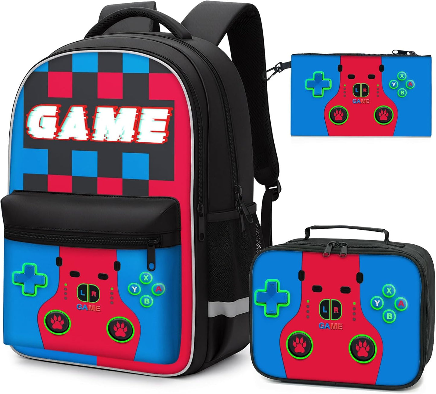Boys Gamer Backpack Set with Lunch Bag & Pencil Pouch - 3-in-1 Video Game Backpack for Children Teen Boys, Big 17 Inch School Bookbag for Middle Elementary College