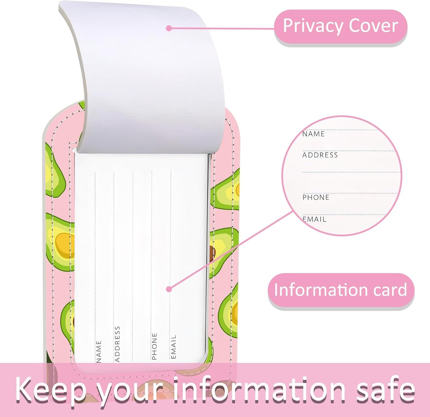 2 Pack Luggage Tag for Suitcase,Avocados PU Leather Suitcase Tags Identifiers with Privacy Name Address Labels and Steel Loop for Women Men Travel