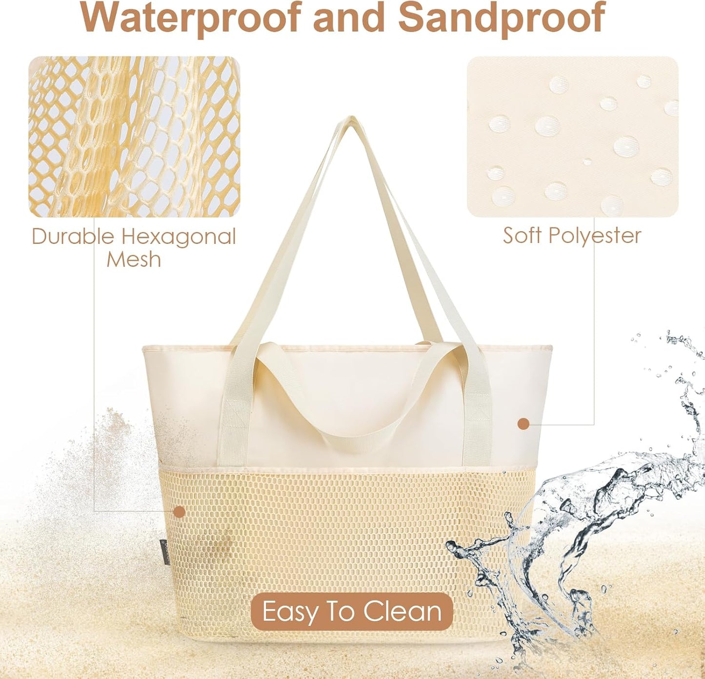 KABAQOO Large Beach Bag Waterproof Sandproof Tote Bag for Women with Zipper & Mesh Pockets for Pool Swim Travel Everyday