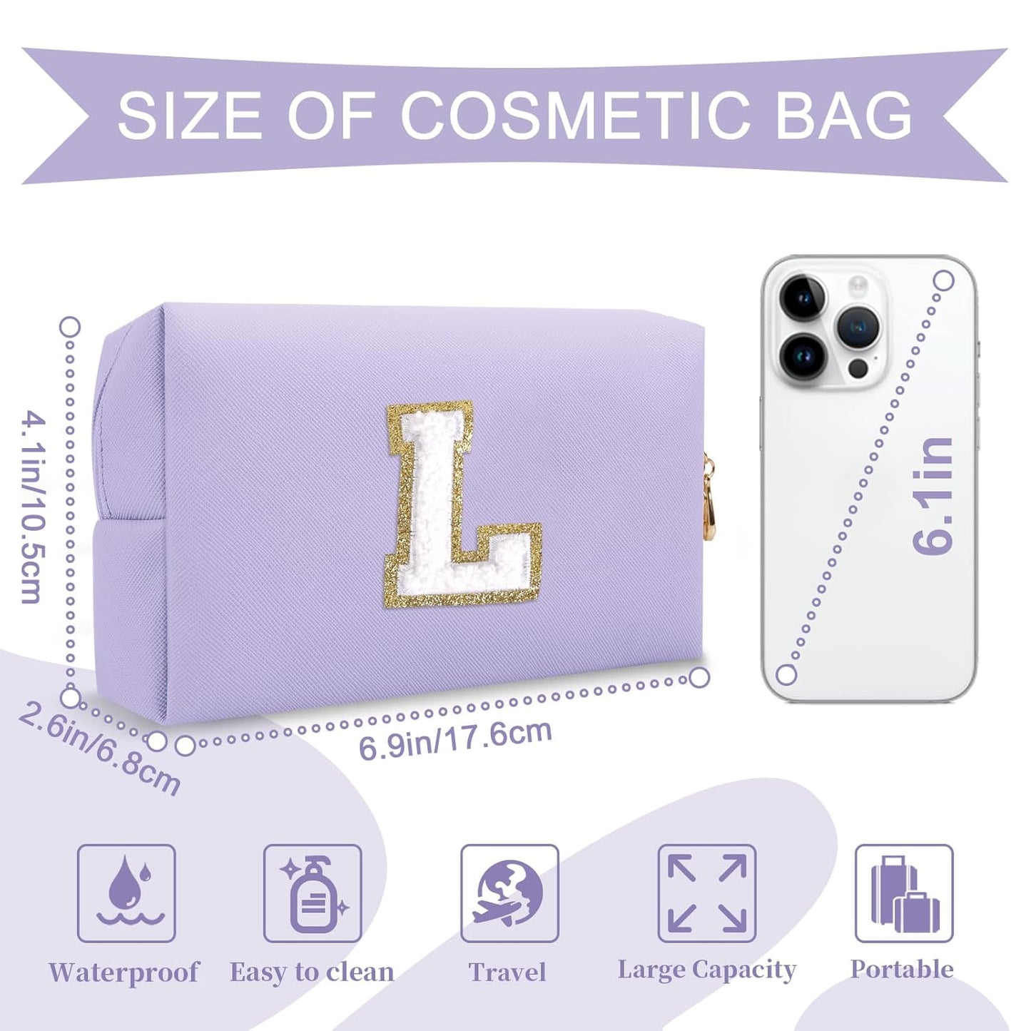 Personalized Makeup Bag Initial A-Z Preppy Patch Bag,Small PU Leather Travel Cosmetic Bag Pouch with Zipper,Purple Cute Toiletry Bag,Gift Ideal for Teen Girls Women Birthday Friend Mom,Latter L