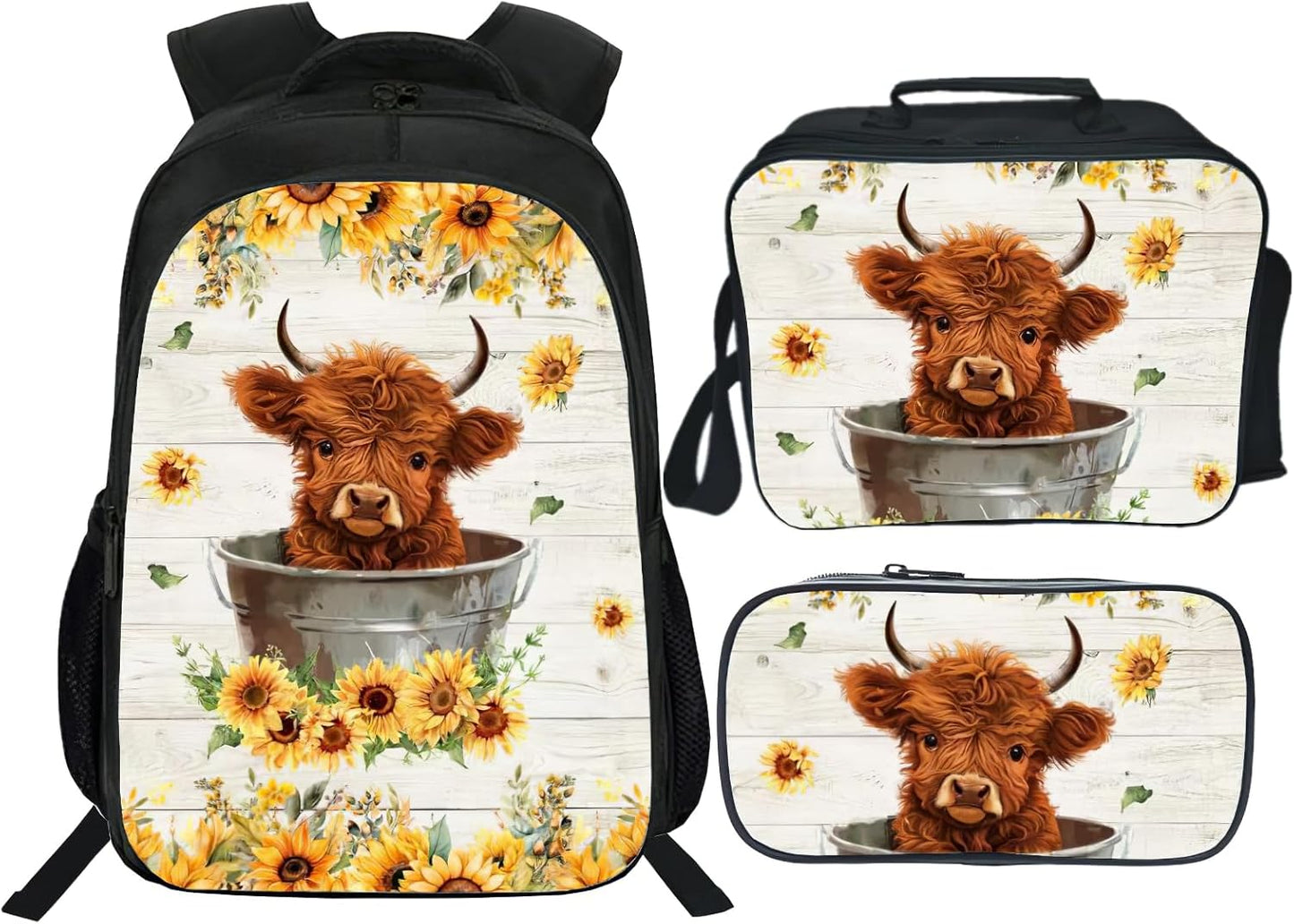 Highland Cow Backpack Sunflower Kids Bookbag 16inch Schoolbag With Lunch Box Bag And Pencil Case Set For Boys Girls