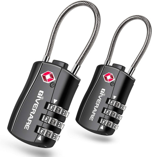 GIVERARE 2 PCS TSA Approved Luggage Locks, Combination Travel Cable Lock, Re-settable 3-Digit Padlocks with Alloy Body, Keyless Travel Sentry Accepted Padlock for Gym Locker, Golf Bag Case-Black