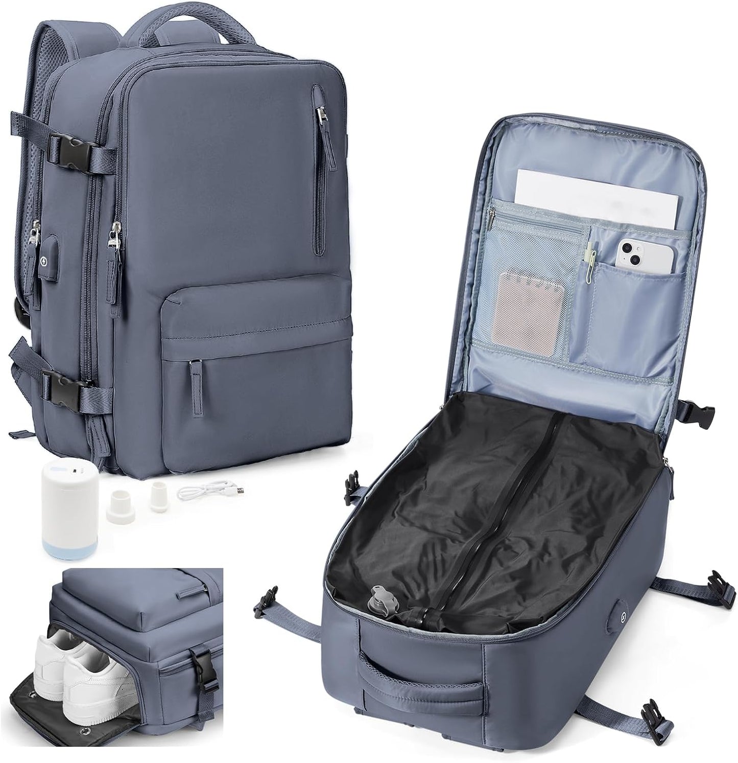 Vacuum Backpack Travel with Pump, Water Resistant Cabin Size Travel Backpack with Vacuum System, 18x14x8 Frontier Personal Item Travel Bag for Men Women Fits 16" Laptop Backpack, Grey Blue