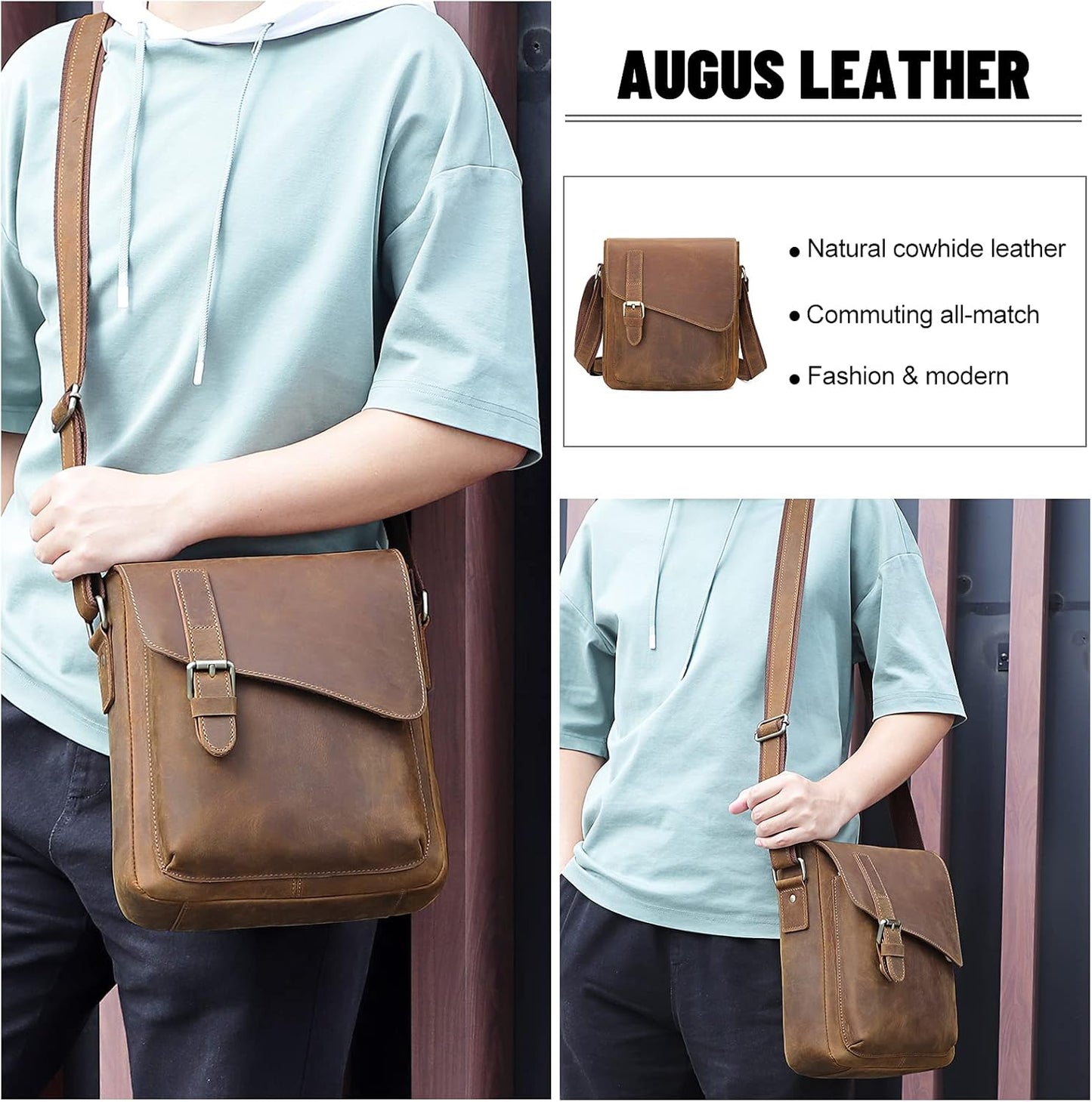 Augus Men's Leather Messenger Bag Shoulder Crossbody Backpack Bags Purse for Women Vintage Anti-Theft Waterproof Casual