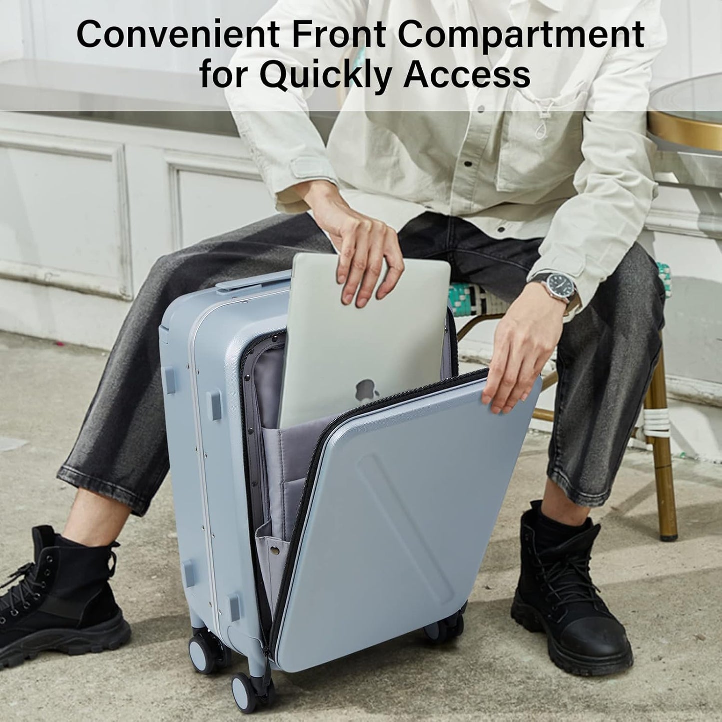 MILADA Wide Handle Carry On Luggage with Front Pocket Hardshell 20 Inch Front Opening Luggage with