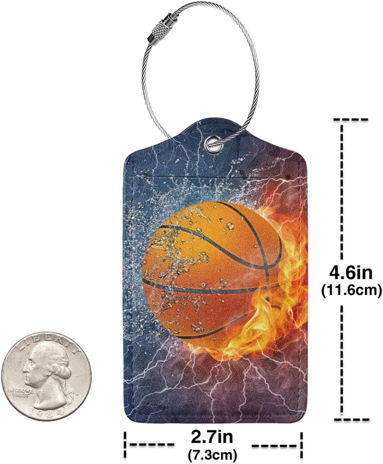 2 Pcs Basketball Luggage Tags for Boys Mens Suitcases for Travel, Sport PU Leather Name Labels Tag Bag Tags with Steel Stainless Loop and Full-Width Design Cover & Address Card