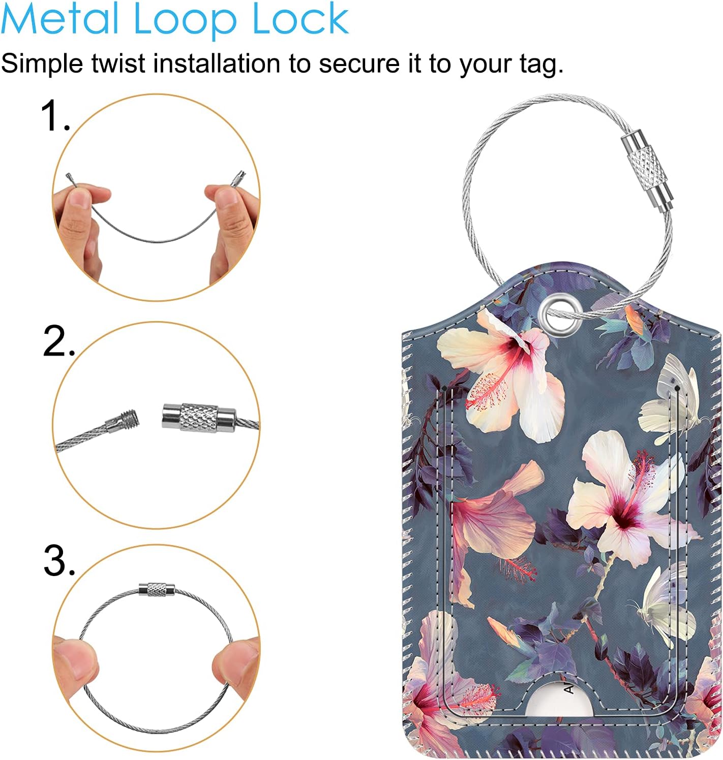 Fintie Luggage Tags, Privacy Cover ID Label with Stainless Steel Loop and Address Card for Travel Bag Suitcase - Blooming Hibiscus (2 Piece)