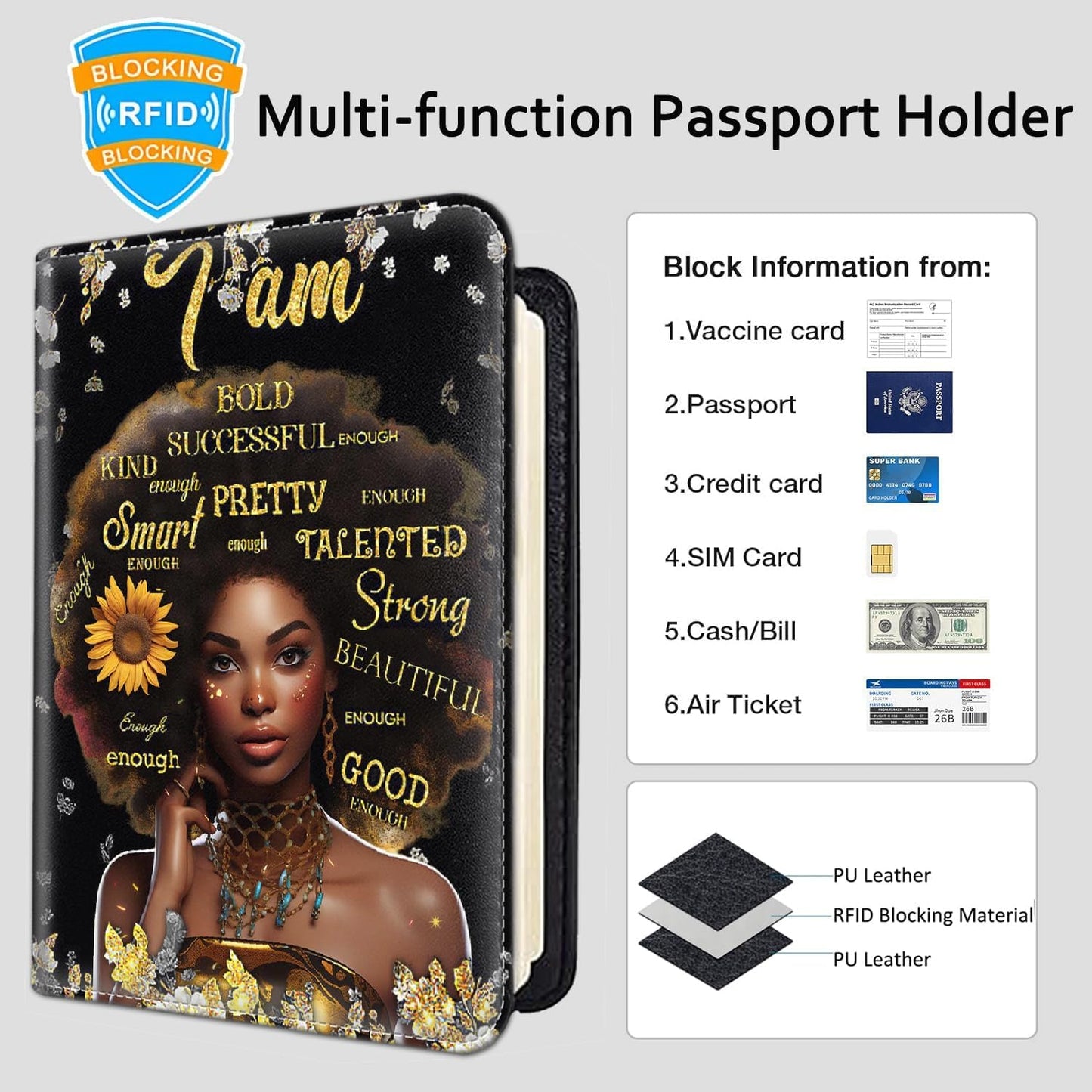Passport Holder Women Wallet with Luggage Tag, Leather Passport Cover with RFID Blocking, Travel Accessories Multi Card Slot Passport Case for Men，African American Women