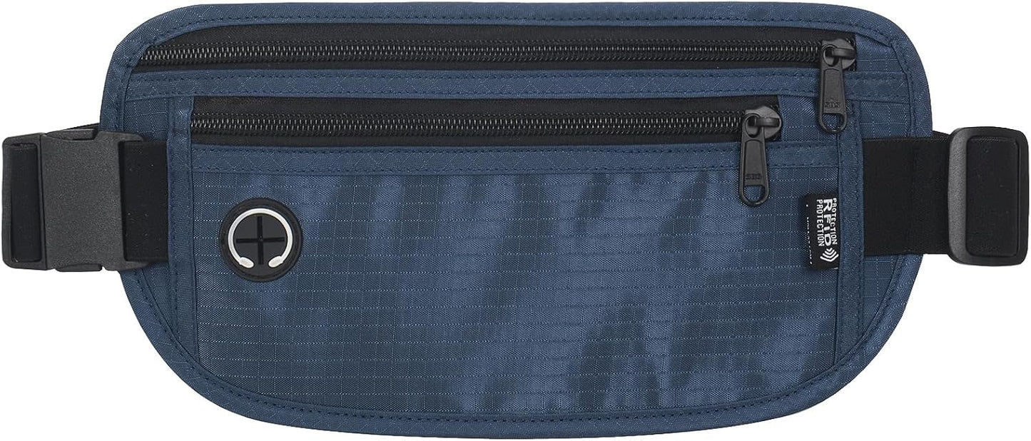 Slim RFID Blocking Money Belt for Travel - Anti-Theft Hidden Passport Holder Waist Wallet with Secure Pouch for Cash, Credit Cards & Phone Safe (Navy Blue)