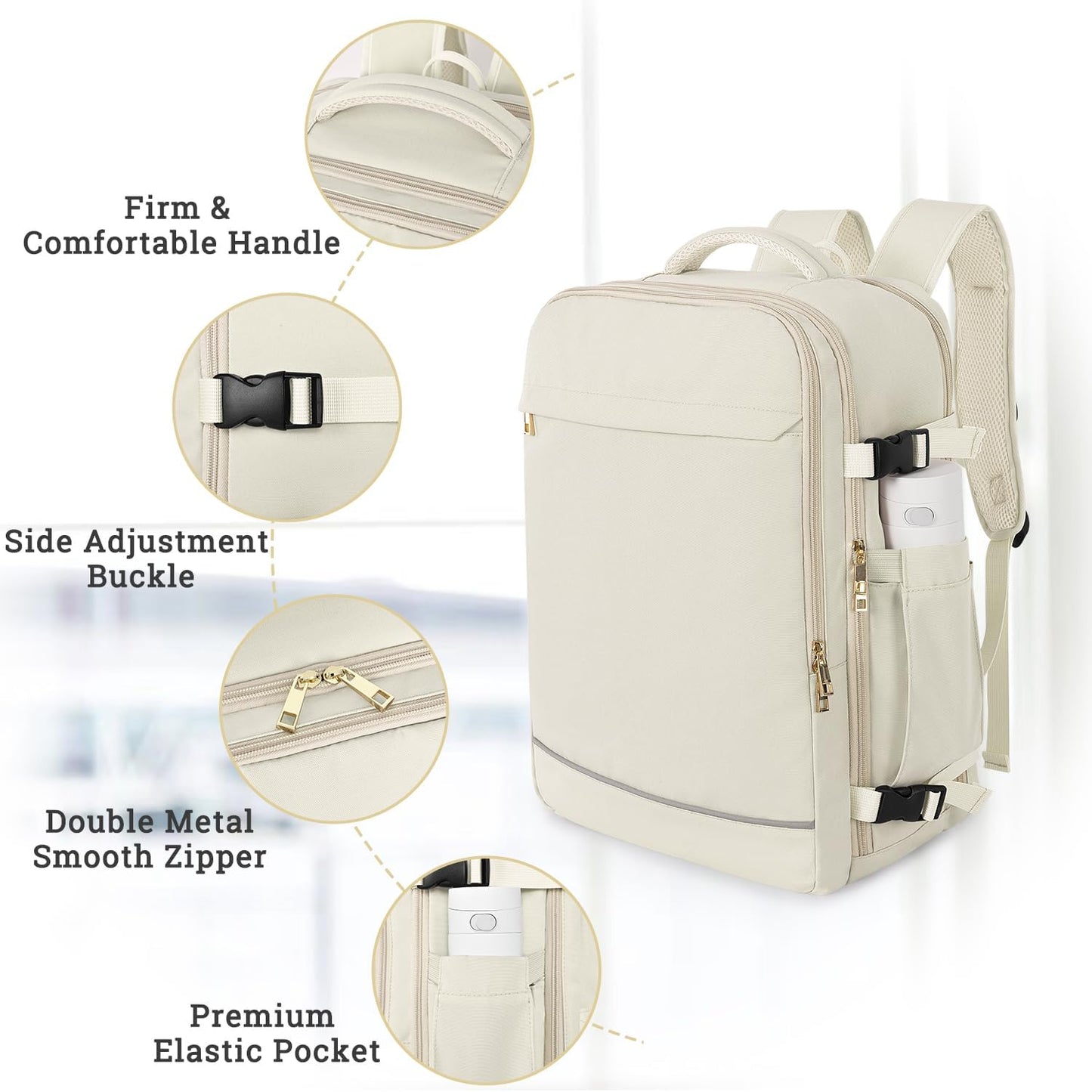 Travel Backpack, 40L 17 inch Laptop Waterproof Backpack Carry on Flight Approved, Personal Item Travel Bag, Casual Daypack for College, School, Business, Weekend, Work, Beige