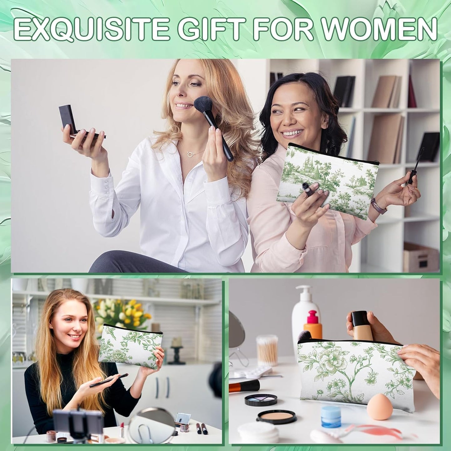 24 Pcs Floral Cosmetic Bags Bulk for Women Sage Green and White Floral Makeup Bags Chinoiserie Canvas Travel Zipper Pouches Aesthetic Toiletry Bag for Girls Bridesmaids Wedding Supplies