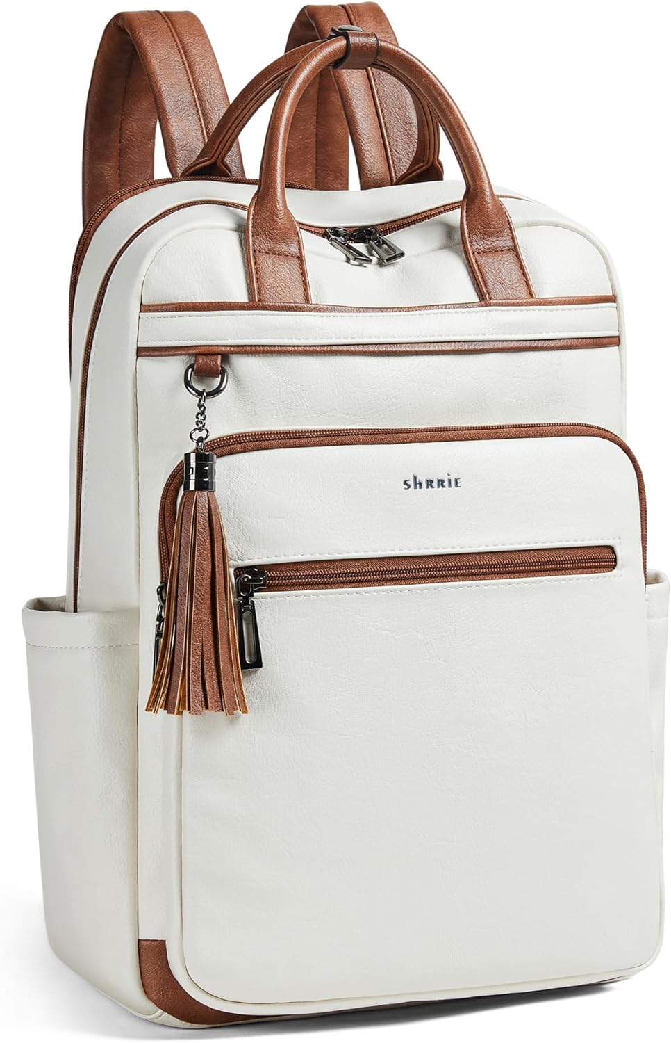 Shrrie Laptop Backpack for Women 15.6 inch Travel Leather Backpack Purse Work Computer Backpacks for Business College Beige