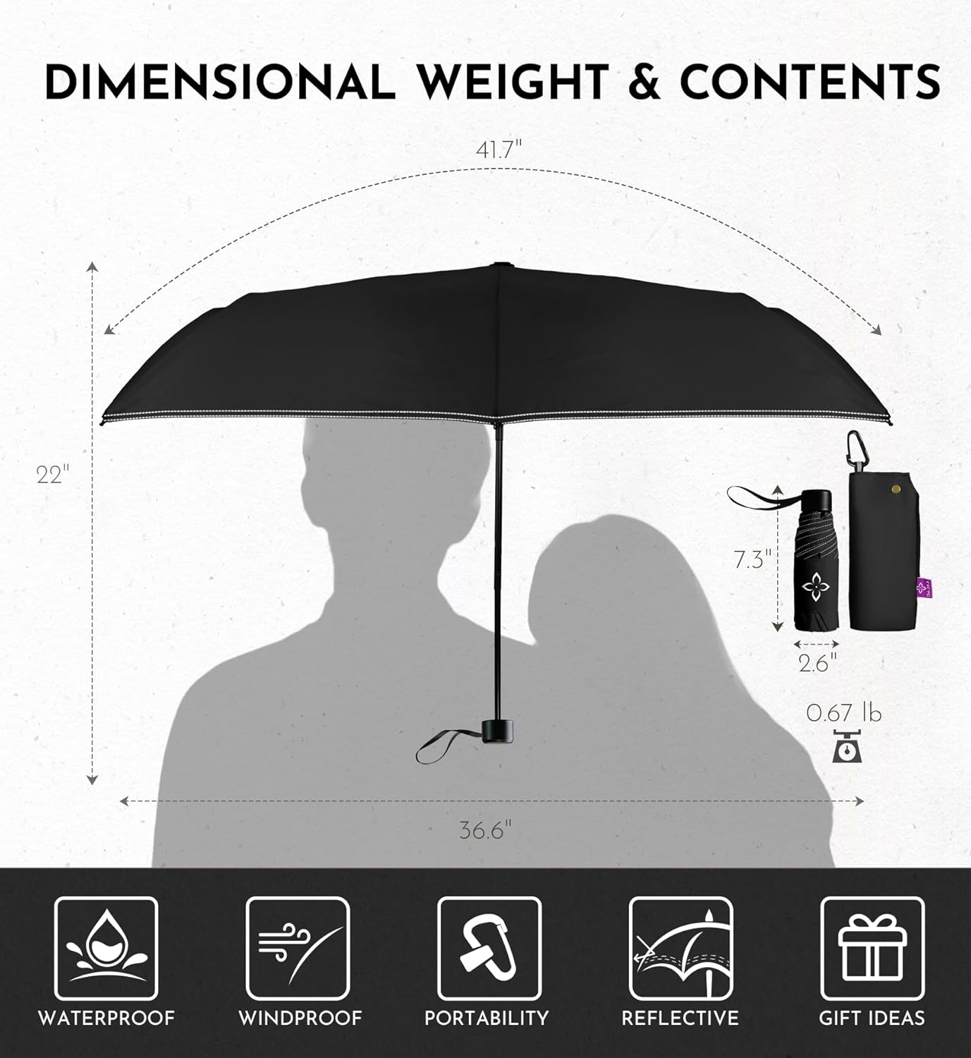 Windproof Travel Mini Umbrella - Manual Open Close with No Rebound for Seniors & Kids, Small Compact and Portable for Rain, Reflective Design for Night Safety Men & Women