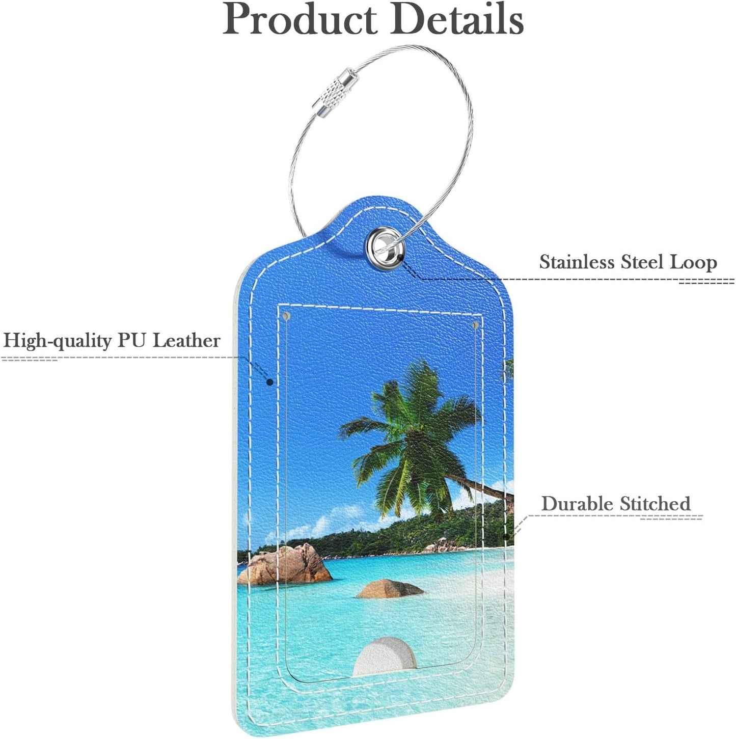 Luggage Tags for Suitcase, 2 Pack PU Leather Travel Cruise Luggage Tag with Privacy Flap, Name ID Label and Metal Loop for Women Men Girls Suitcase Baggage Bag Backpack Instrument, Happy Beach