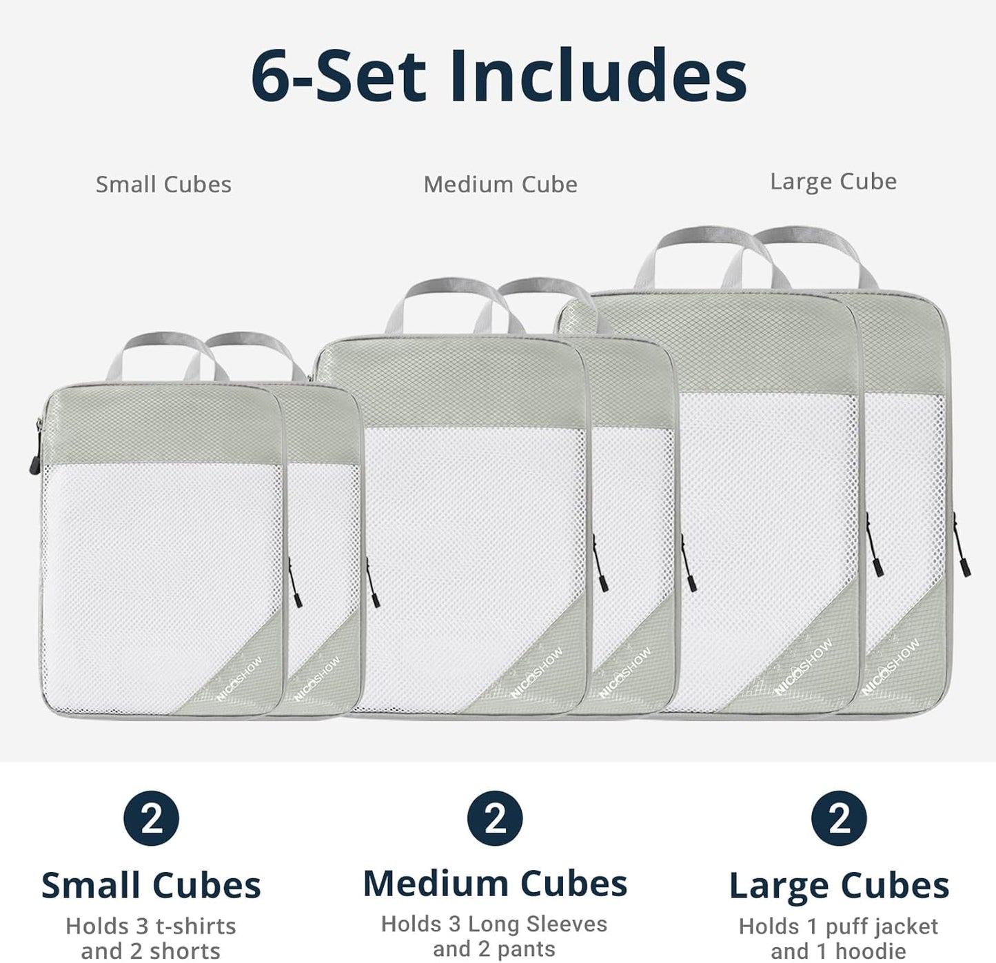 Compression Packing Cubes 6 Set, Compressible Space-Saving Packing Cubes for Travel - Compression Bags, Luggage Organizer, Travel Essentials for Women, Light Grey