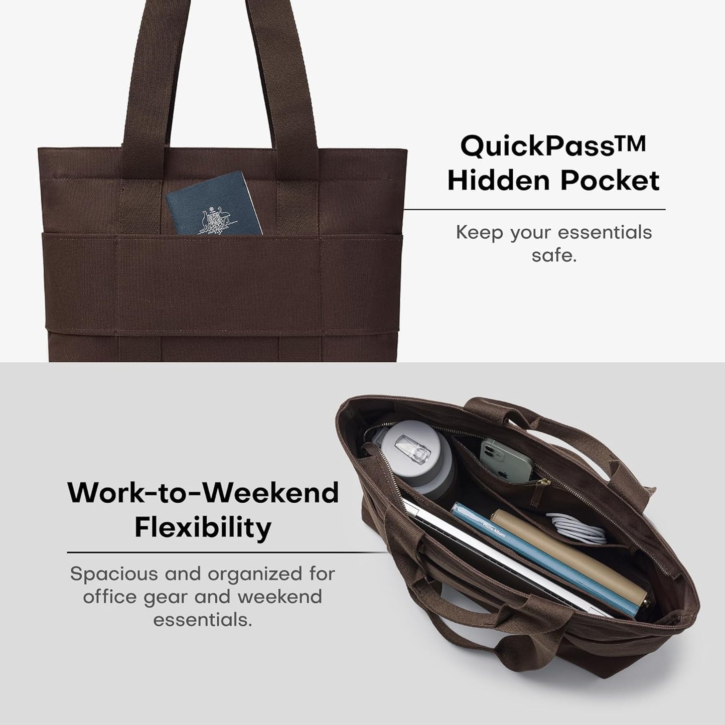 Everyday Large Tote Bag for Women with Laptop Sleeve, Pass-Through Band, Luggage Sleeve, Drink Bottle Holder, Simple Modern Tote Bag for Travel, Work, Commute & Daily Use - 22L - Dark Brown