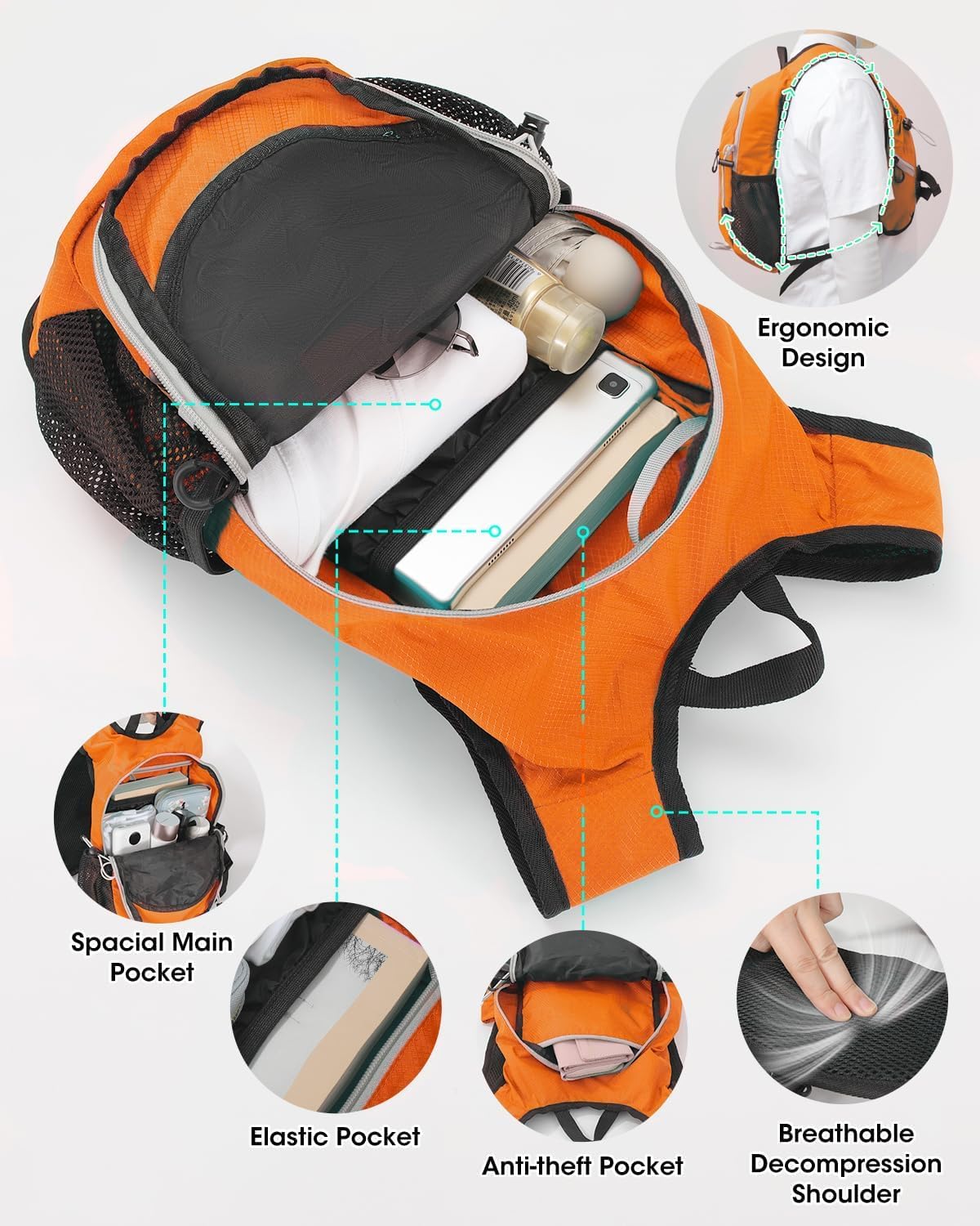 Small Hiking Backpack with Front Phone Holder, Packable Back pack with Chest and Waist Strap, Lightweight Daypack for Women Men