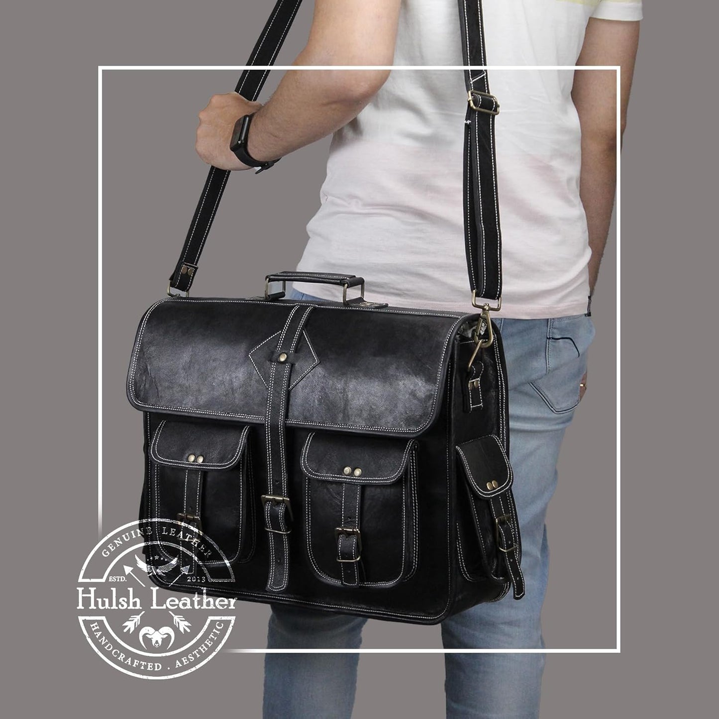 Vintage Leather Laptop Bag for Men Full Grain Large Leather Messenger bag for men 18 inches with rustic look Brown briefcase (Black)