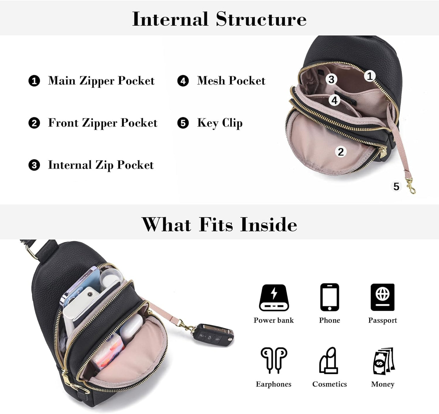 INICAT Crossbody Sling Bags Travel Cross Body Purses Faux Leather Fanny Packs Chest Bag for Women