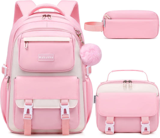 Makukke School Backpack for Girls Book Bag Set, School Bag for Teens Girls Kid Children Elementary Middle School Student, Waterproof Pink Backpack