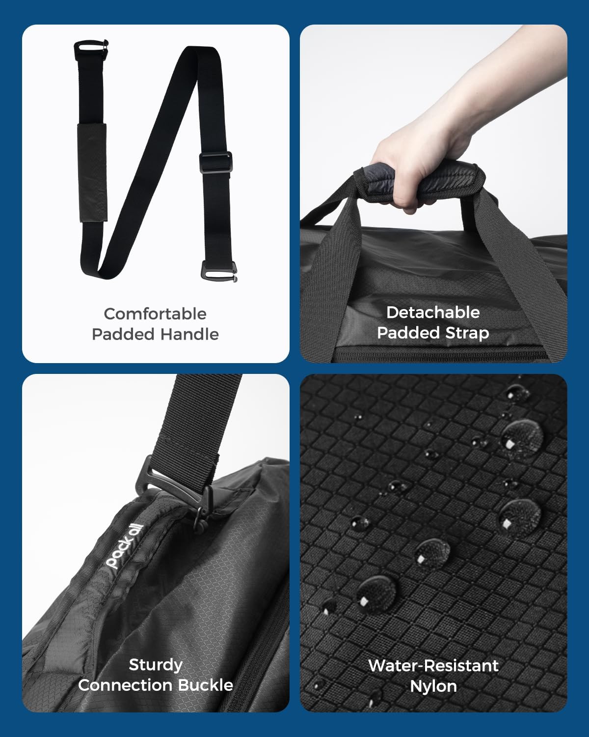 pack all 65L Foldable Travel Duffel Bag, Packable Weekender Bag with Shoe Compartment, Water-Resistant Gym Bag with Adjustable Strap for Overnight, Sports and Camping (Black)