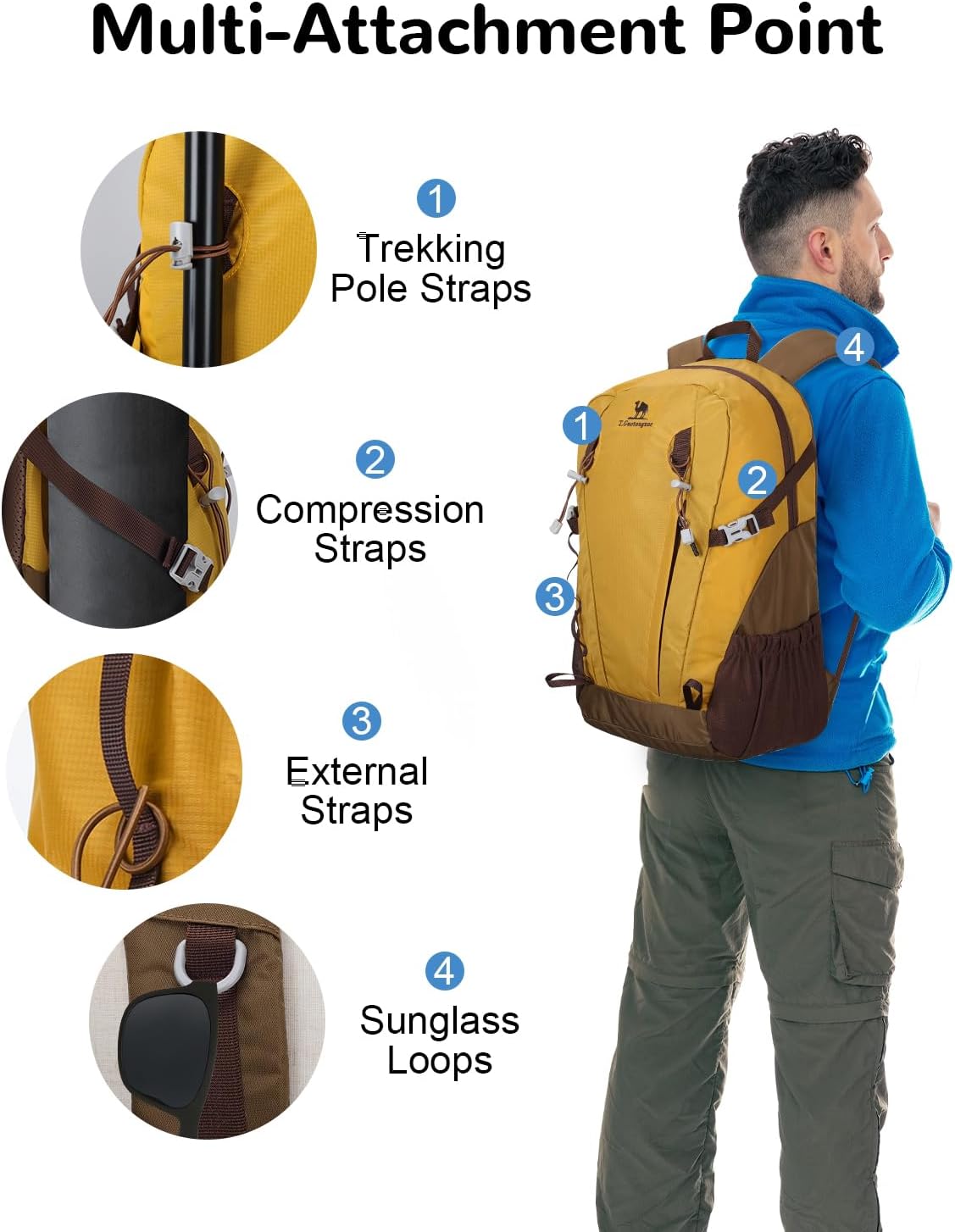 30L Samll Waterproof Hiking Backpack with Chest Strap for Men Women, Lightweight Climbing Daypack, Yellow