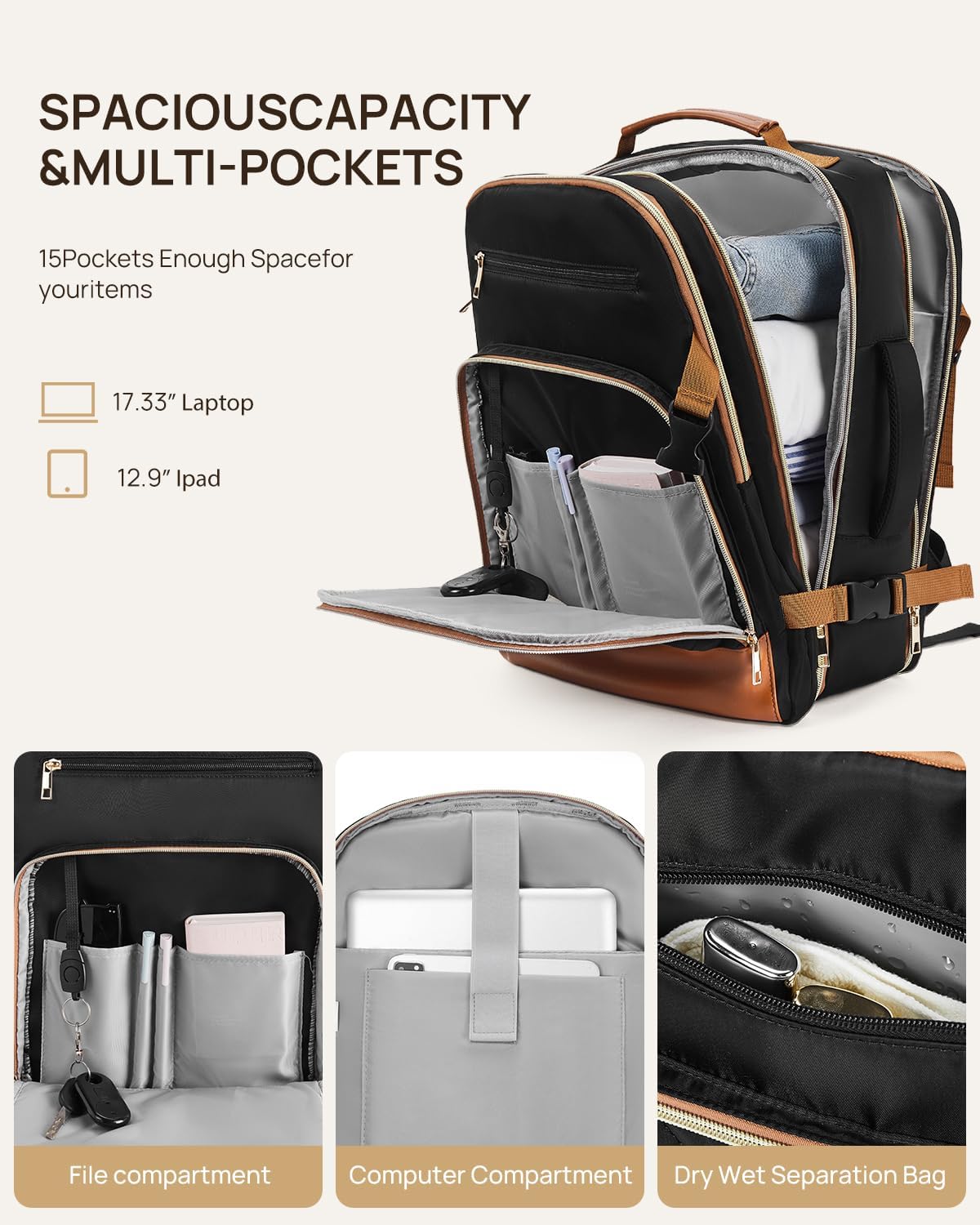 Telena Travel Backpack for Women, 17.3 inch Laptop TSA Carry On Personal Item Size Flight Approved Travel Bag Daypack with Multi-Pockets for Work, Travel, Business, Black-Brown