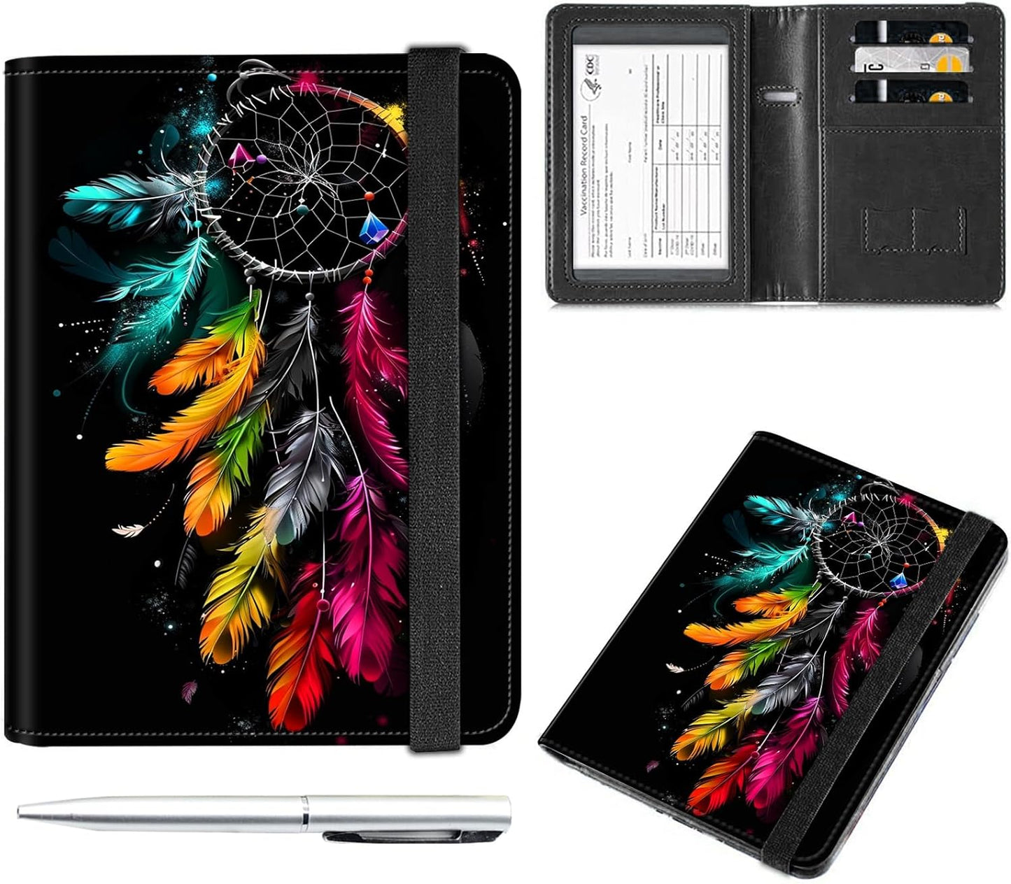 Passport and Vaccine Card Holder Cover Combo,Travel Passport Holder Wallet with RFID Blocking, Leather Vaccine Card Slot Passport Cover Case for Women & Men,Colorful Dreamcatcher Feather