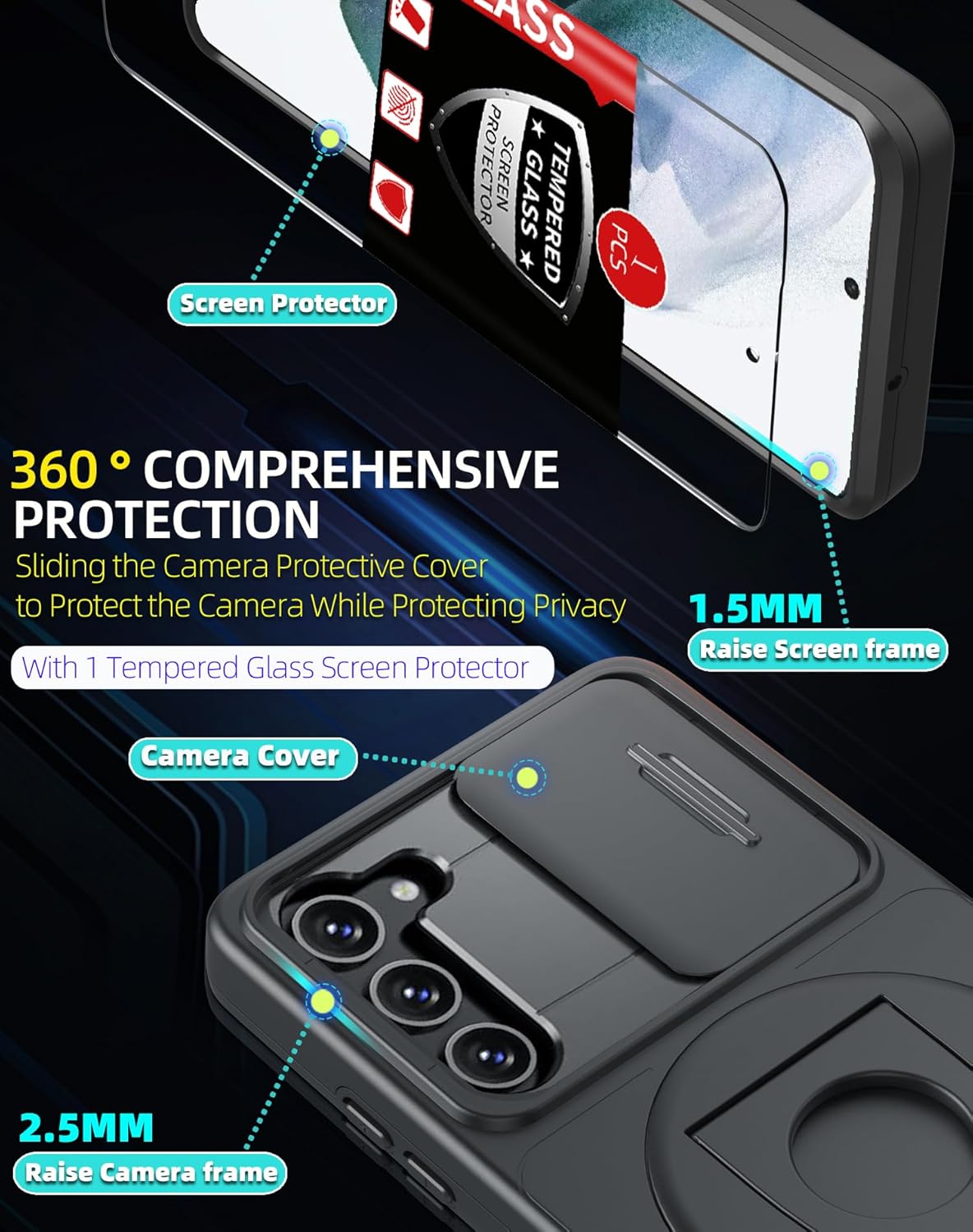 for Samsung Galaxy S21 Case Magnetic Compatible with MagSafe Wireless Charging,with Screen Protector,Built-in Kickstand Ring+Camera Cover Anti-Scratch Shockproof Heavy Duty Protection Black