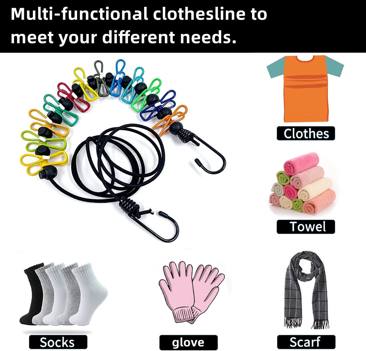 Clothesline，Retractable Portable Clothesline for Travel，Clothing line with 12 Clothes Clips，for