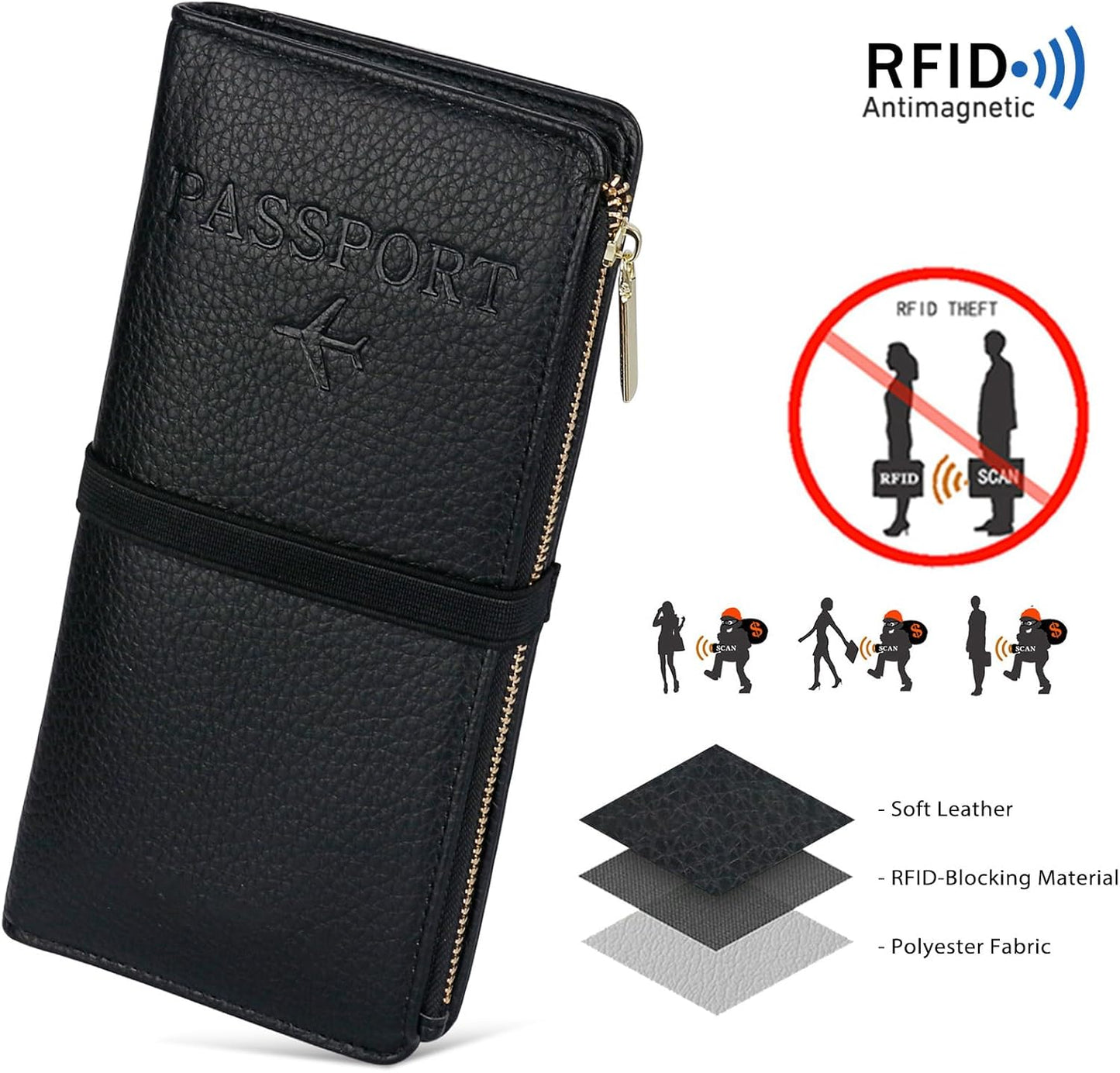 Real Leather Wallet RFID Blocking Passport Holder with Zipper Pocket Travel Organizer Pink (Black)