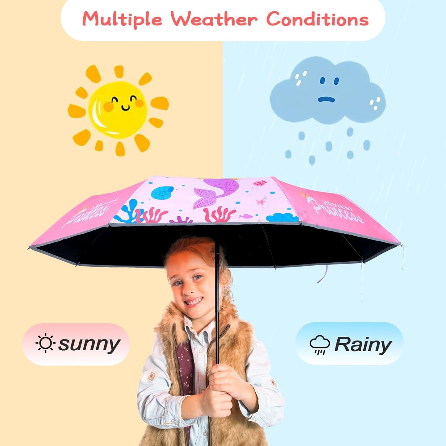 Kids Folding Umbrella Auto Open/Close Anti-rebound Safe Design UV Resistant Automatic Children Travel Umbrellas 8 Rib Reinforced Canopy 360° Reflective Strip Lightweight Cute Umbrella for Girls & Boys