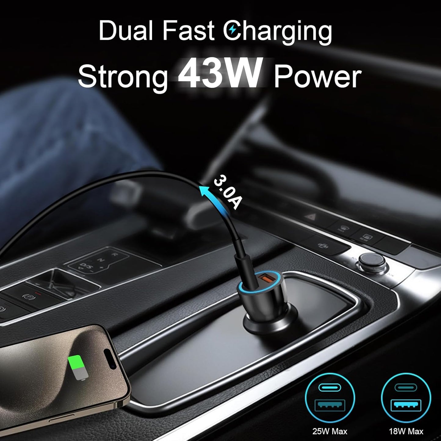 for iPhone 15 16 Car Charger, 43W 2-Port Fast USB C Car Charger Power Adapter with 6FT USB C to Type C Cable for iPhone 16e 16/15 Pro Max/Plus/iPad Pro/Samsung Galaxy S25 S24 S23 S22 S21 Ultra