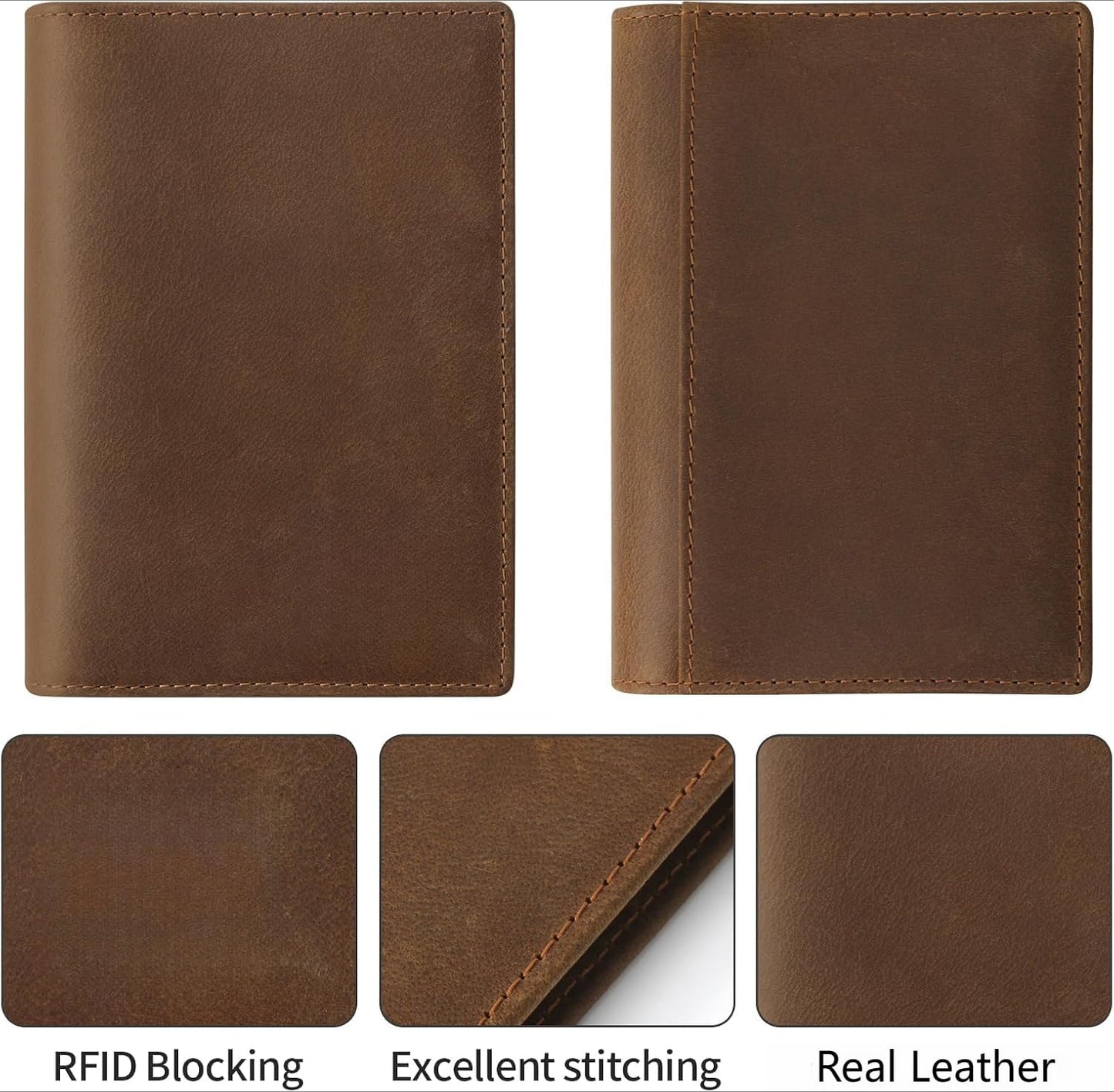 Genuine Leather Passport Cover for Men & Women, RFID Blocking Travel Wallet with Family Storage Capacity (Black)