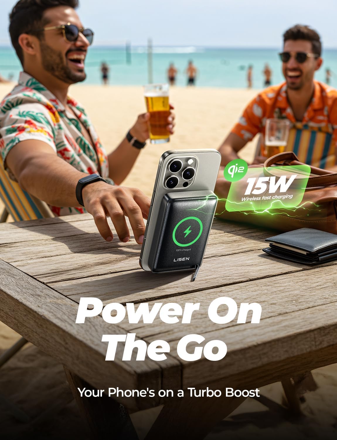 LISEN Qi2 Fast Charging Portable MagSafe Power Bank for iPhone 17 Pro Max Air 16 15 14 13 12 Series, 10,000mAh with 15W Wireless Power Bank 30W USB-CSoft Touch Silicone with Metal Foldable Stand