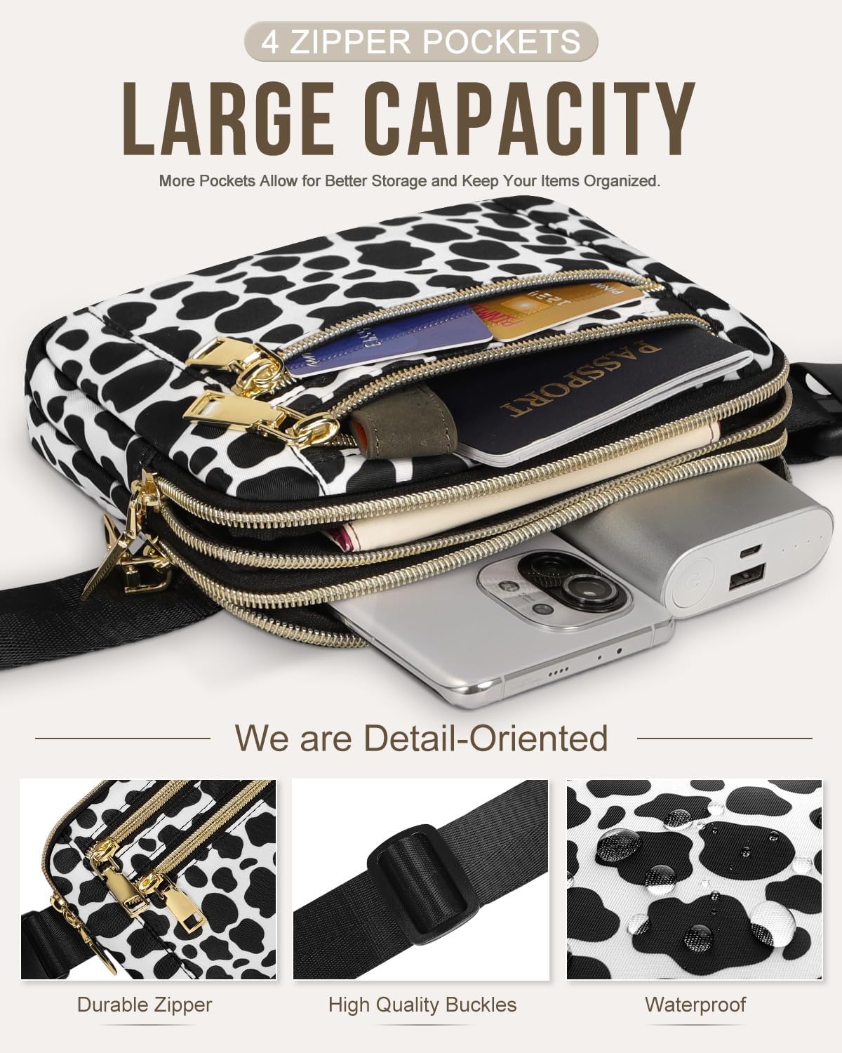 Capolo Fanny Packs for Women Fashion Waist Packs Bag with Adjustable Strap and 4 Zipper Pockets Waterproof Everywhere Crossbody Belt Bag for Workout Running Travelling(Cow Print)