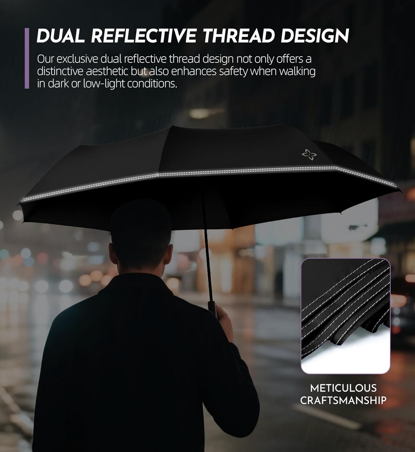 Windproof Travel Mini Umbrella - Manual Open Close with No Rebound for Seniors & Kids, Small Compact and Portable for Rain, Reflective Design for Night Safety Men & Women