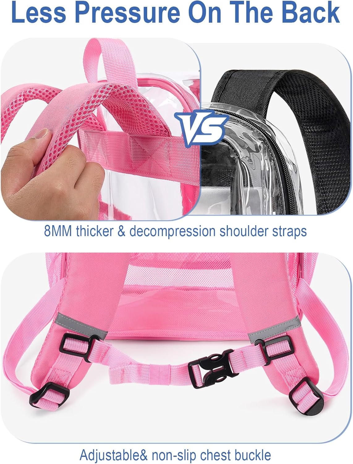 Heavy Duty Clear Backpack For Kids Women Men Boys Girls, 17 Inch Large See Through Backpack, Clear Bookbag With An Extra Pouch Accessories, Transparent Bag For School College Sport Travel, Pink