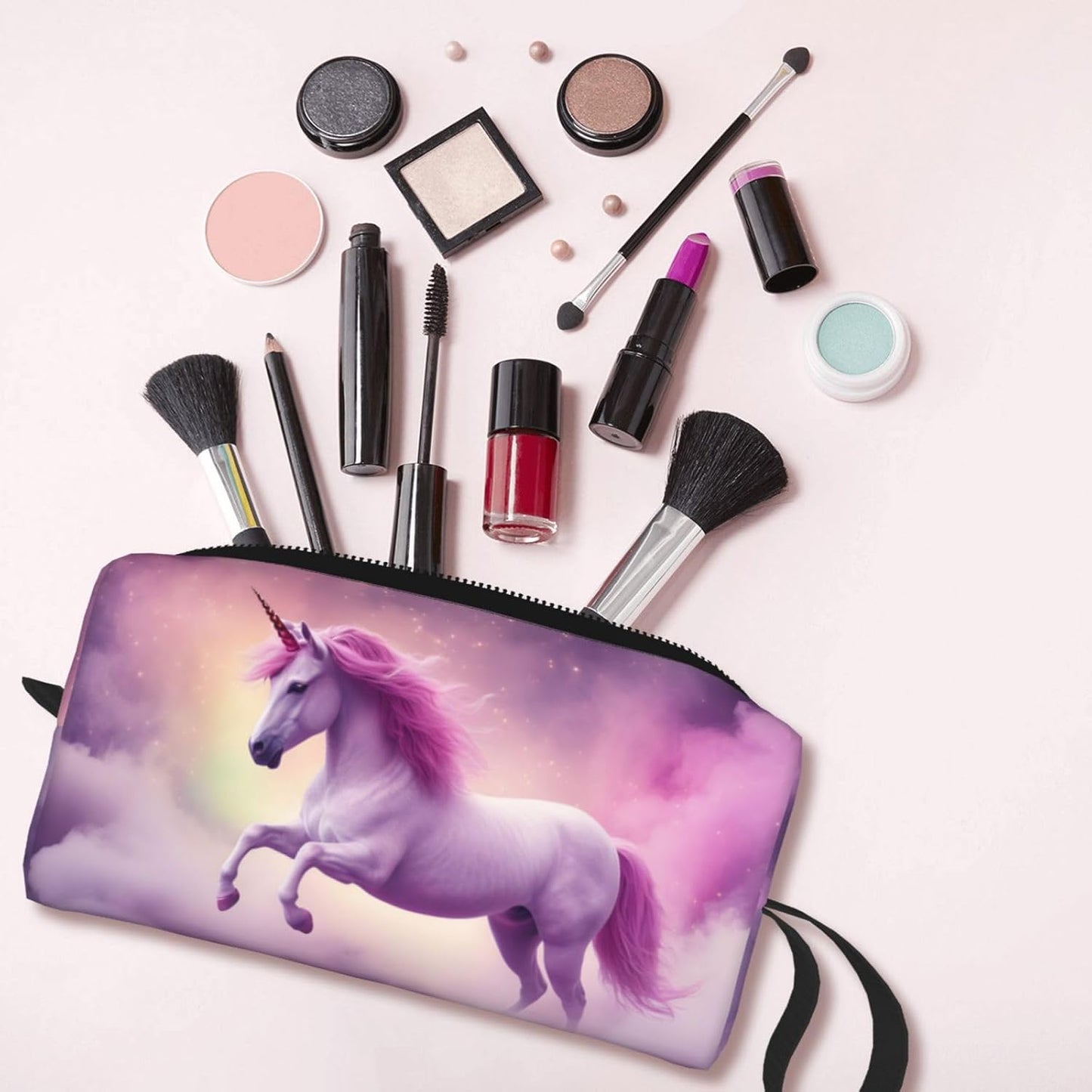 Pastel Unicorn Fantasy Makeup Bag Small Compact & Durable Travel Cosmetic Bag Organizer Oxford Fabric Impact-Resistant Multi-Purpose Storage Perfect for Travel, Gym, Daily Use