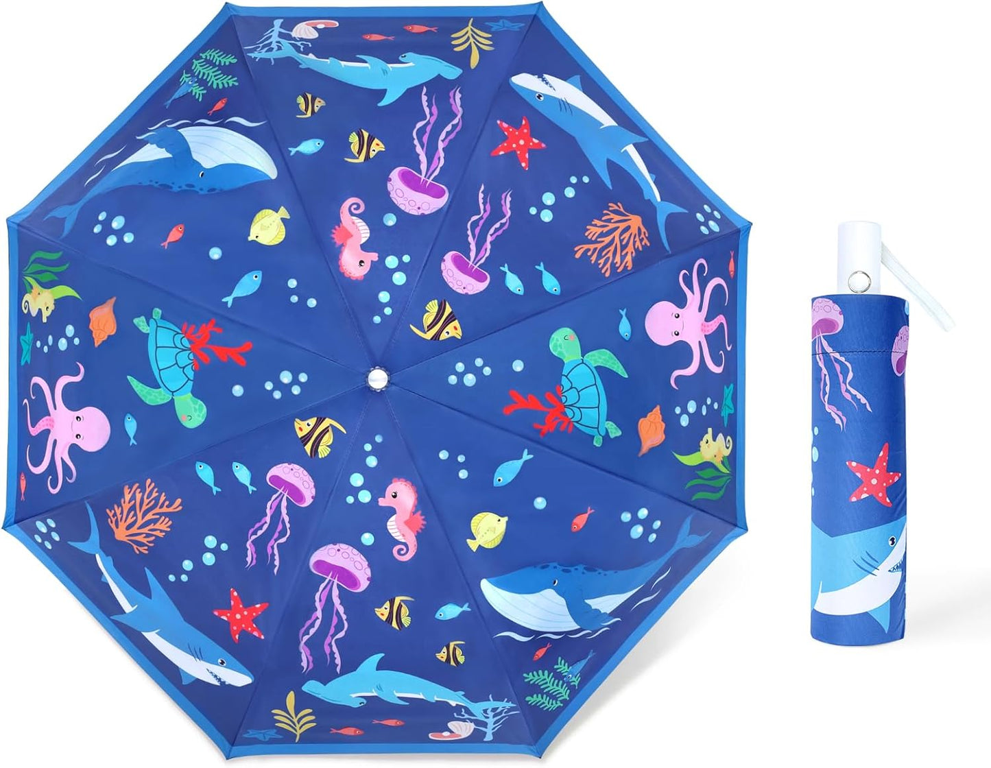 Kids Folding Umbrella Auto Open/Close Anti-rebound Safe Design UV Resistant Automatic Children Travel Umbrellas 8 Rib Reinforced Canopy 360° Reflective Strip Lightweight Cute Umbrella for Girls & Boys