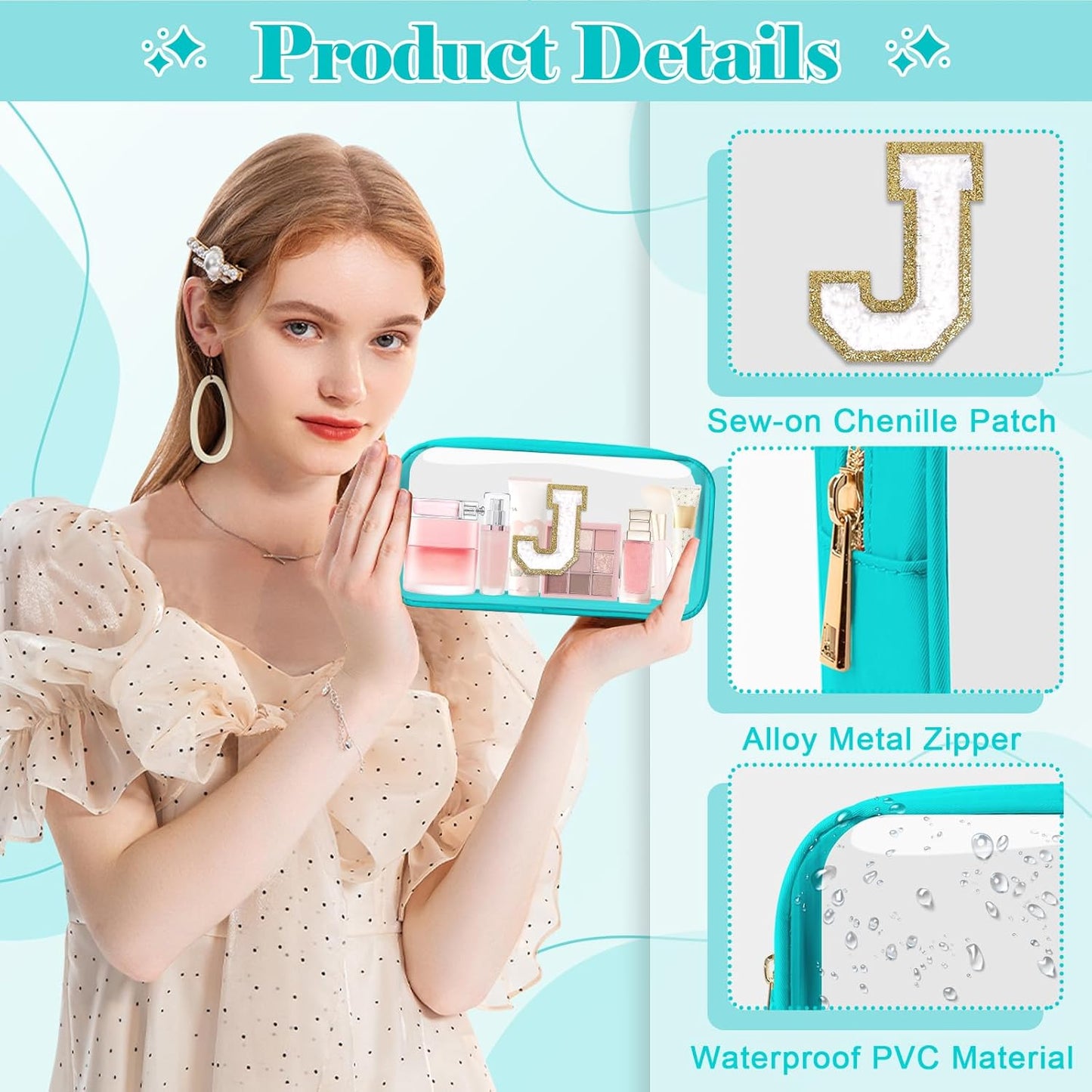 Personalized Initial Letter Clear Makeup Bag,Preppy Small Nylon&PVC Cosmetic Zipper Bag with Chenille Letter,Portable Beach Travel Skincare Toiletry Bag,Trendy Monogram Gift for Teen Girls Women,J