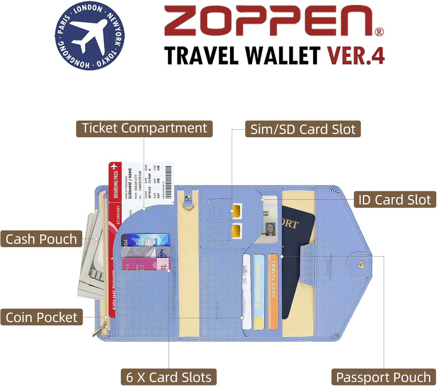 ZOPPEN Mulit-purpose Rfid Blocking Passport Holder Travel Wallet (Ver.4) Passport and Vaccine Card Holder ComboTri-fold Document Organizer Travel Essentials