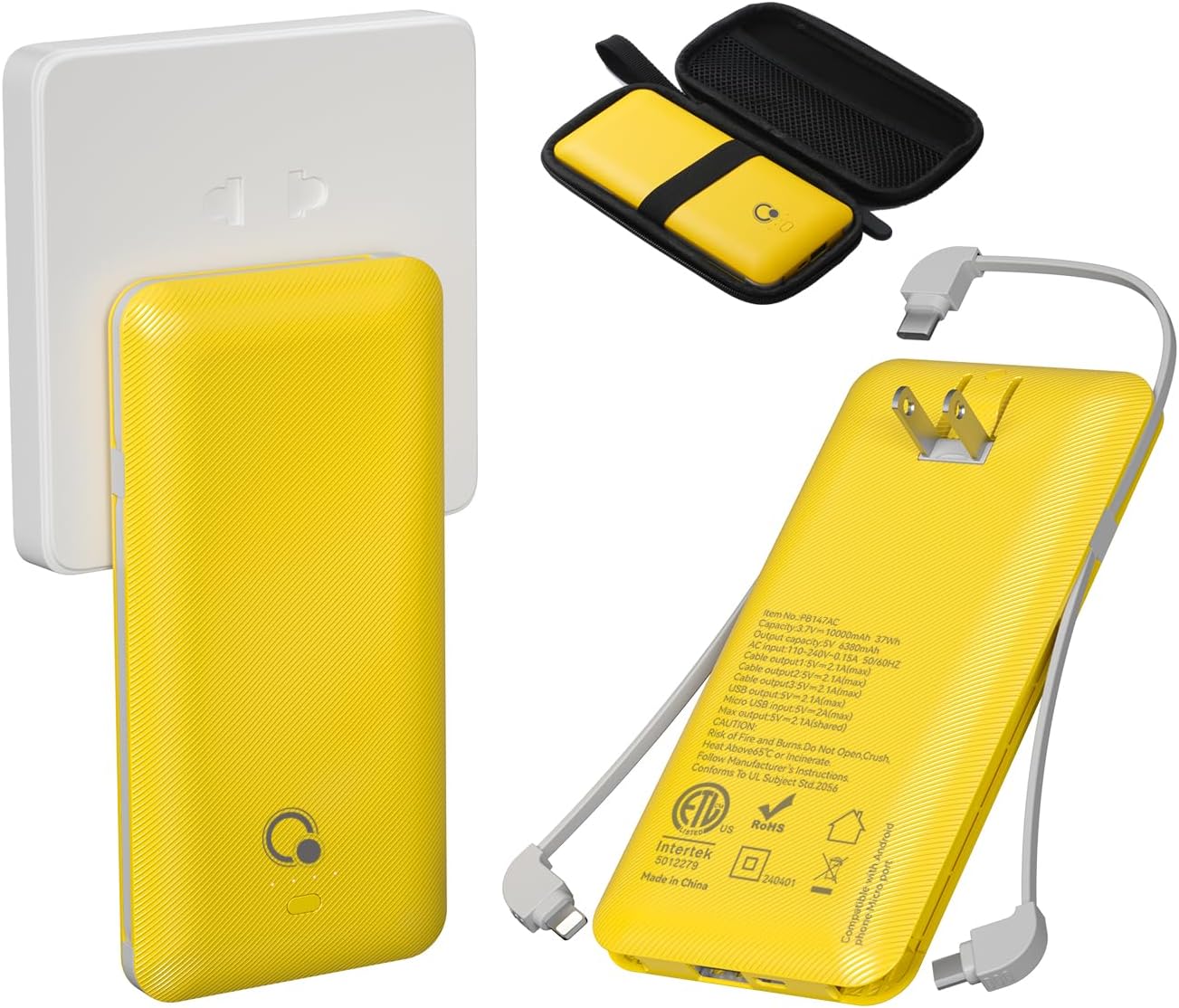 Q 10000mAh Power Bank, Slim Portable Charger,4 Output External Battery Pack with Built-in AC Wall