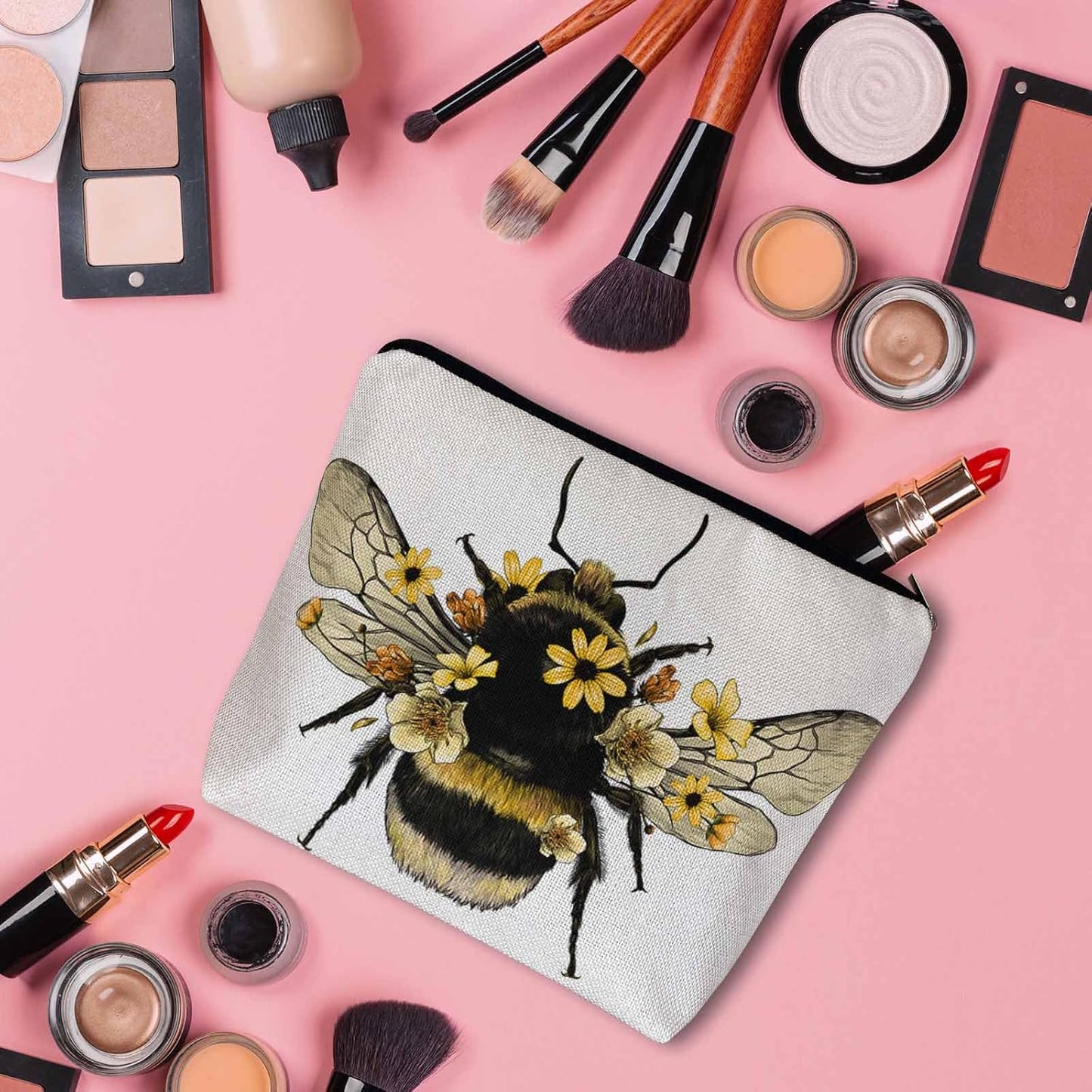 Women Makeup Organizer Bag Bumblebee Bumblebee Honey Bee Sunflowers Yellow Flax Cosmetic Bag Makeup Bags Toiletry Bag Accessories Organizer Travel Bags For Home Bathroom Office Hotel Gym
