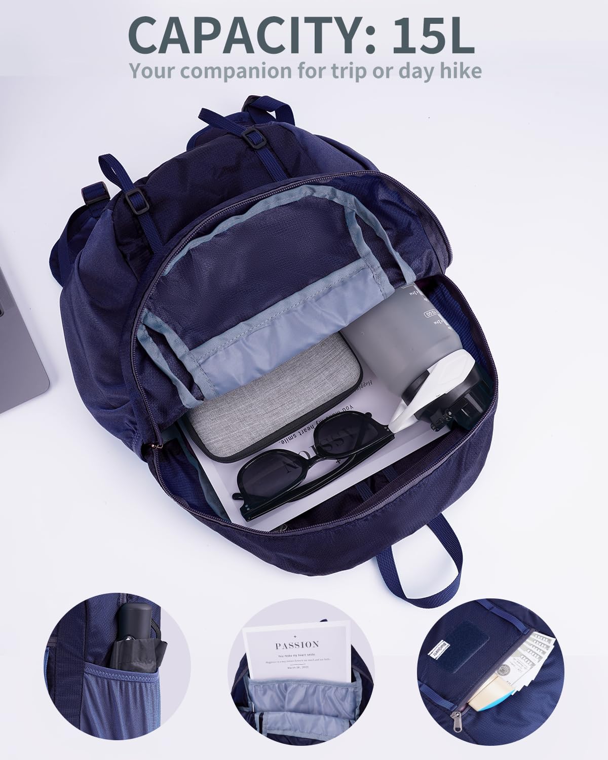 Blue Quartz 15L Small Hiking Backpack with Chest Pockets for Phone, Ultralight Hiking Daypack with Sternum Straps, Lightweight Foldable Packable Back Pack for Women Men(patent pending)
