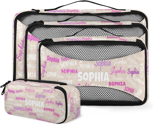 Custom Name 4 Pcs set travel luggage organizer Mesh Travel Essentials for Suitcases, Beige